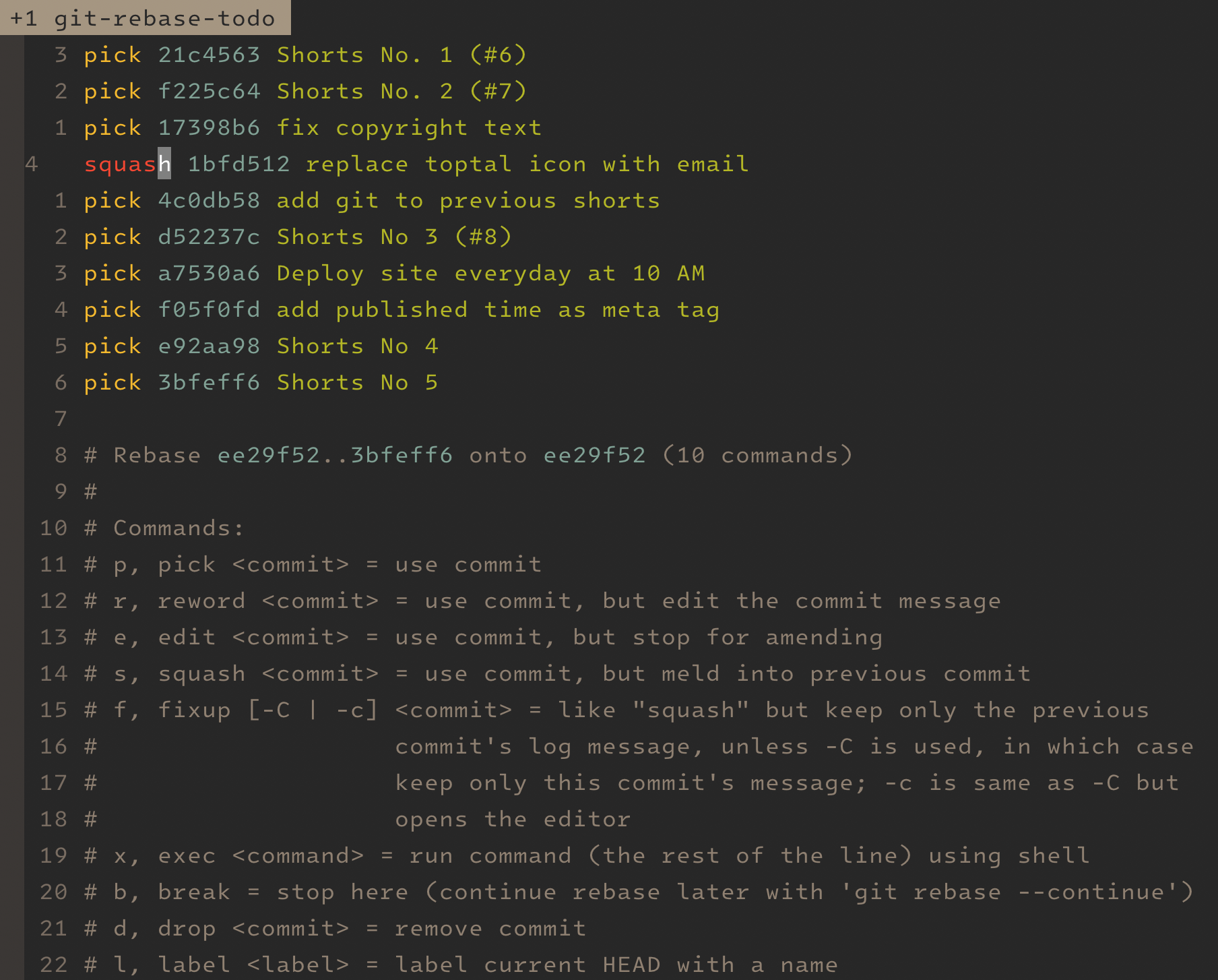 Screenshot of the editor in interactive mode of git-rebase